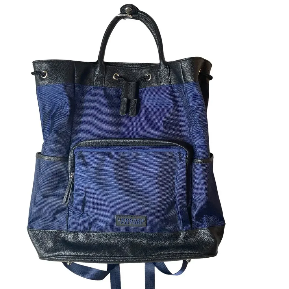 Versace Parfums Mens Back Pack Blue Nylon Leather New COA